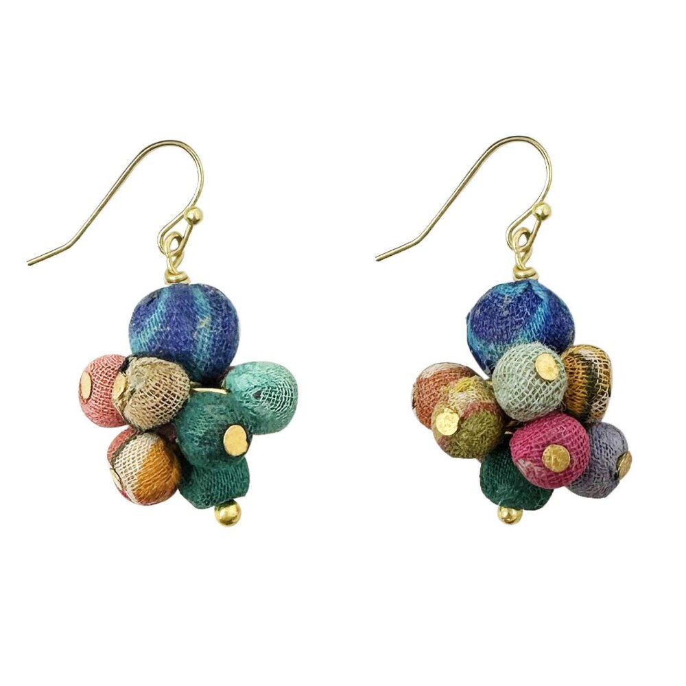 Fair Trade Small Drop Earrings Recycled Kantha Fabric Bead Boho Handmade Crafted